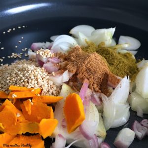 Queues de crevettes épicées et curry de légumes