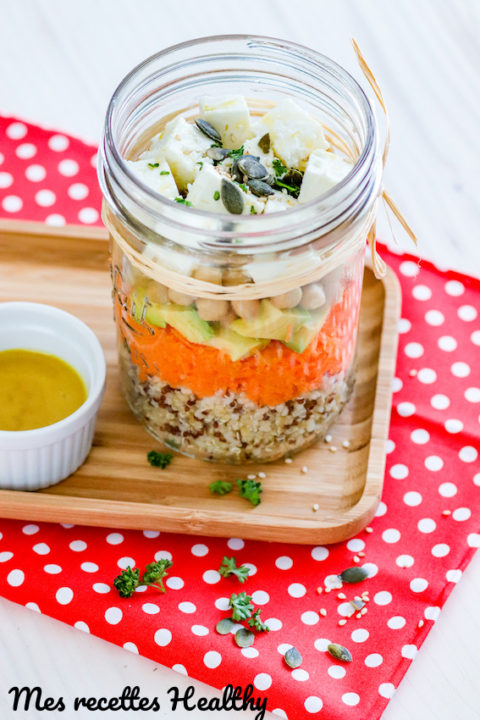 recette-salade composée-salade jar-healthy-pique nique-ete-healthy-estivale-carotte-pois chiches-avocat-feta-fromage-quinoa