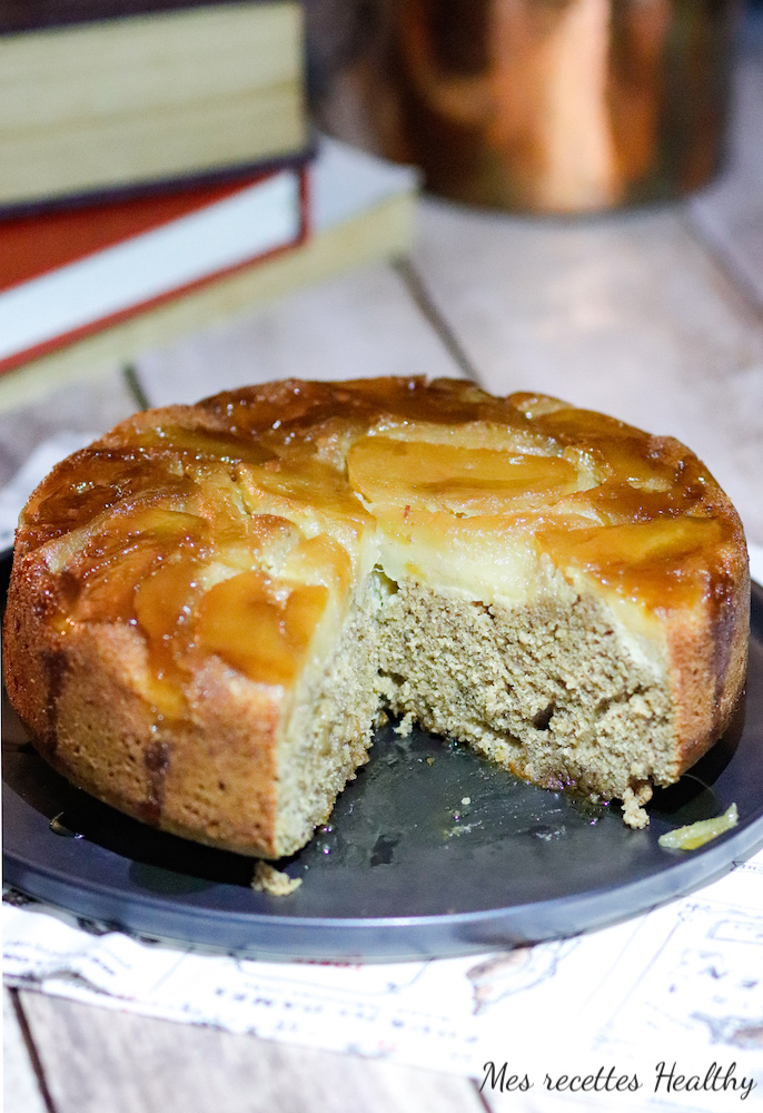 gâteau aux pommes renversé-sans beurre, healthy,caramel, noix de pécan