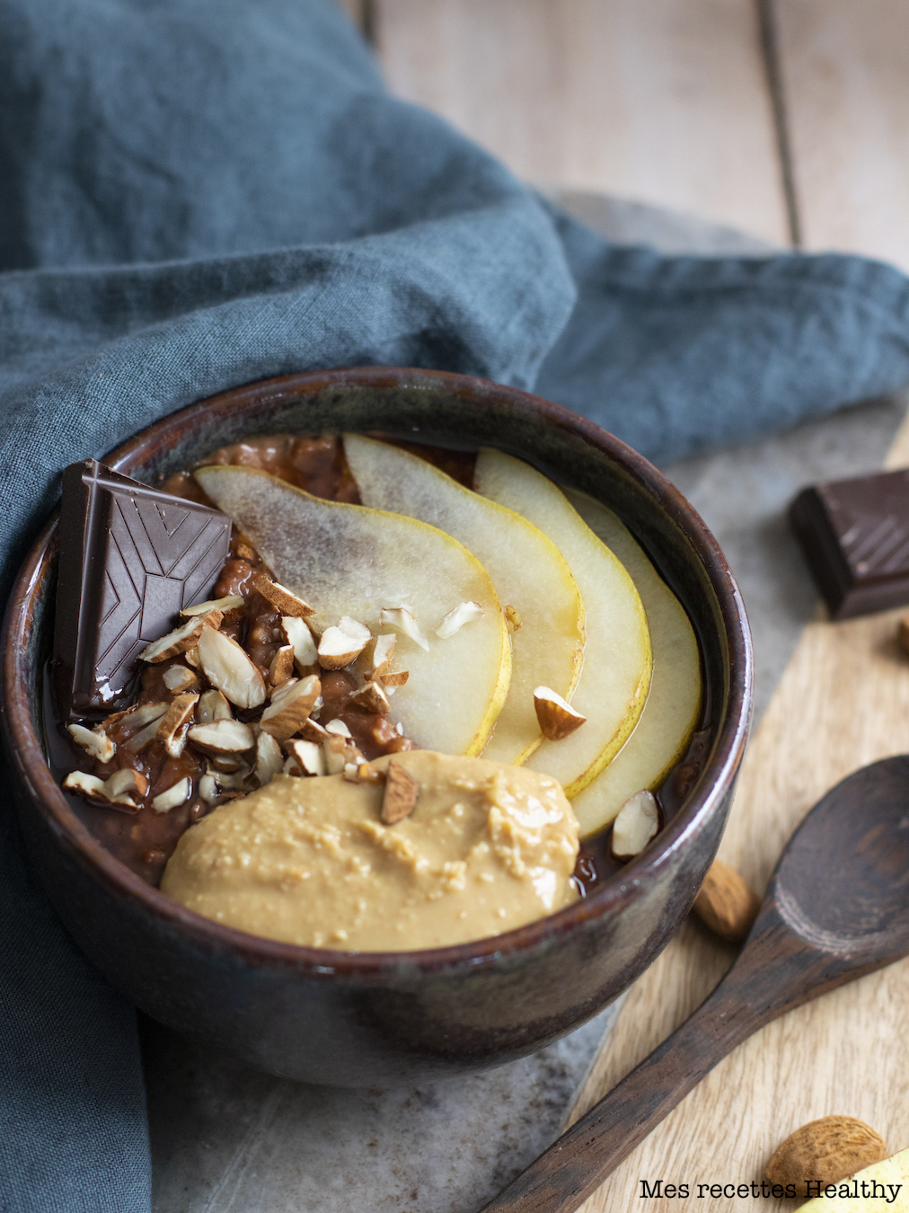 recette healthy-porridge au chocolat-beurre de cacahuète-bowl cake-poire-peanut butter-gruau