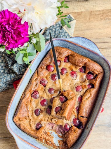 recette healthy-Clafoutis aux cerises et pistache sans beurre