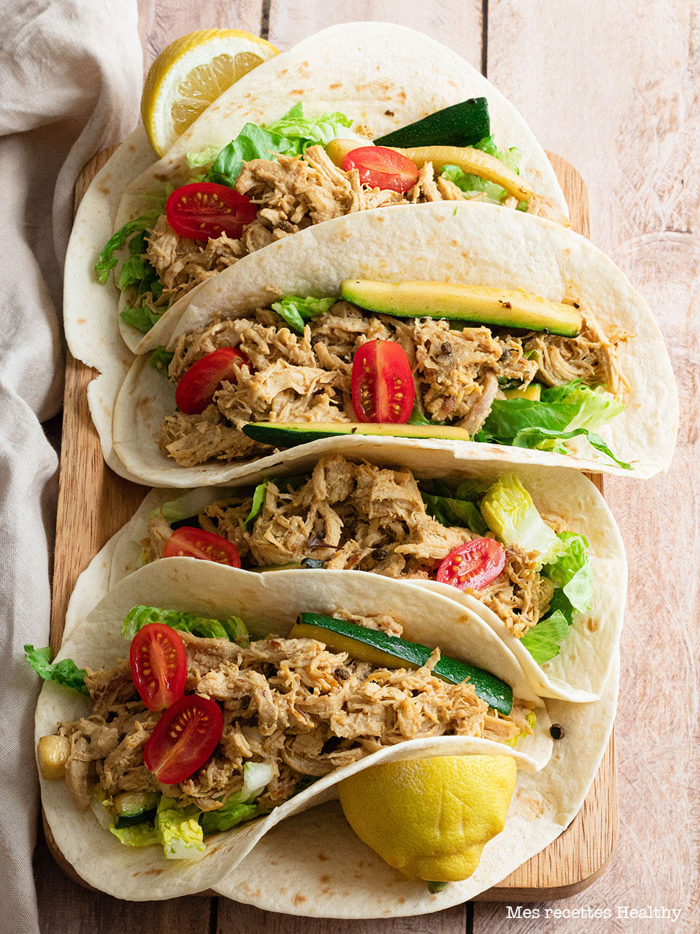 recette healthy-tacos au poulet-poulet effiloché-biere-moutarde-salade-wrap-Tacos au poulet effiloché à la bière et moutarde aux légumes