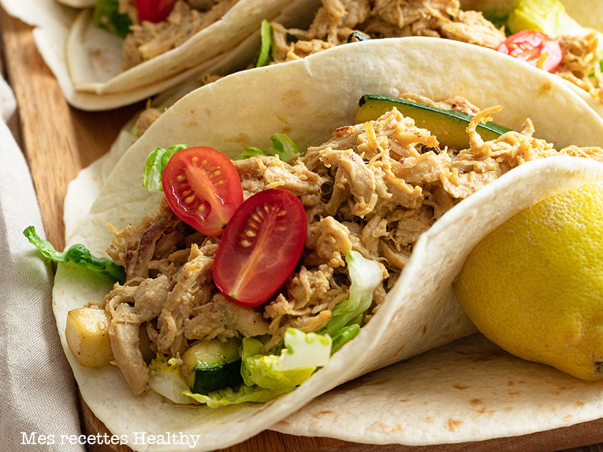 recette healthy-tacos au poulet-poulet effiloché-biere-moutarde-salade-wrap