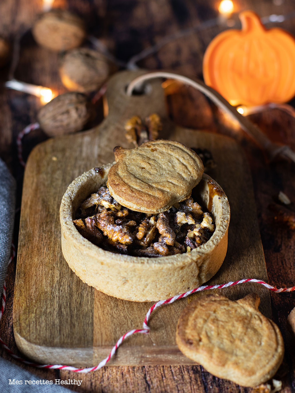 recette healthy-tartelette aux noix-tarte aux noix-caramel-halloween-biscuit sablé-sans beurre