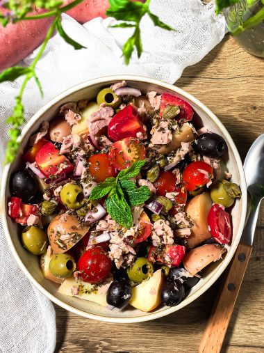 recette healthy - Salade de pâte au thon et pomme de terre aux olives facile