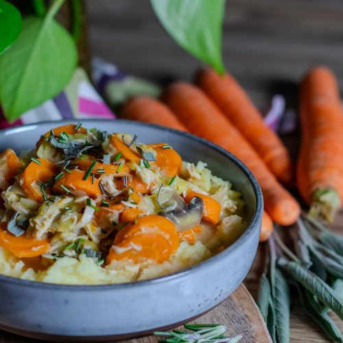 recette healthy - Poulet effiloché aux légumes et purée au fromage