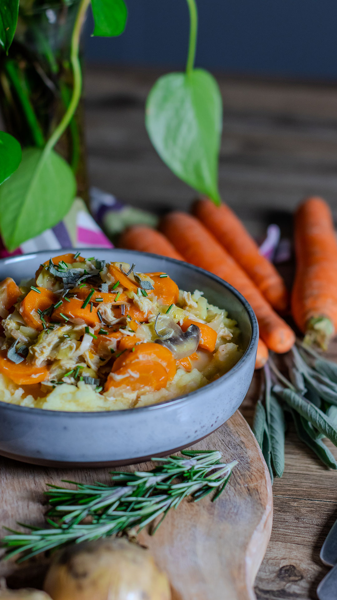 recette healthy - Poulet effiloché aux légumes et purée au fromage 